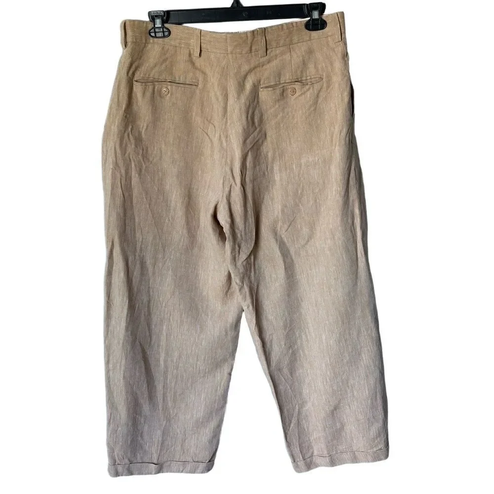 PJ Prestige Trousers Mens Size 38 Tan Pleated Linen Belt Loops Lightweight